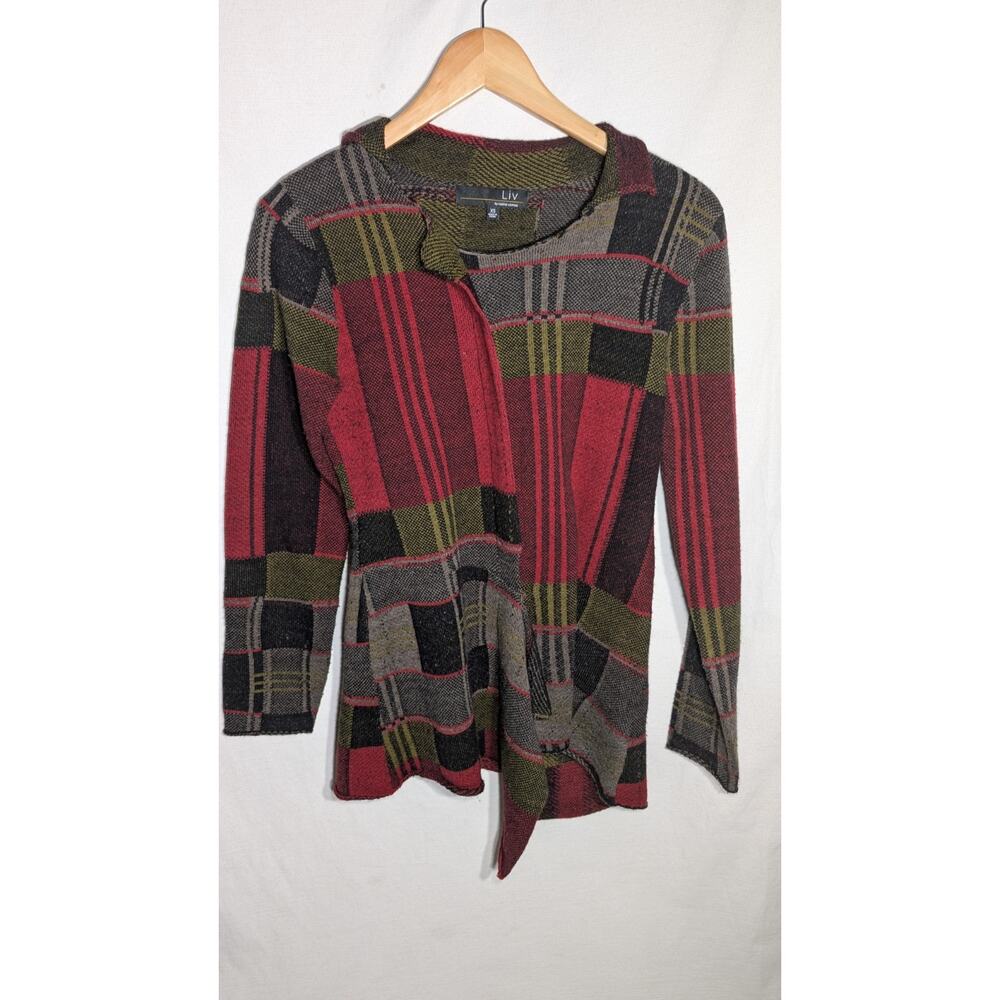 Liv by Habitatโ Womens Patchwork Sweater Sz XS Artsy Plaid Earthy Red Green Boho
